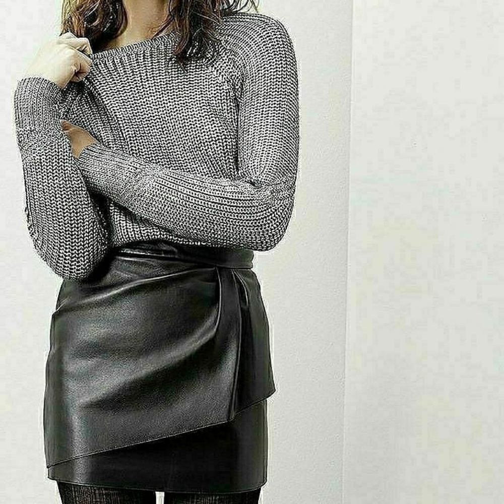 Maje Blk Genuine Lamb Leather Mini Skirt with asymmetrical pleated detail Size40